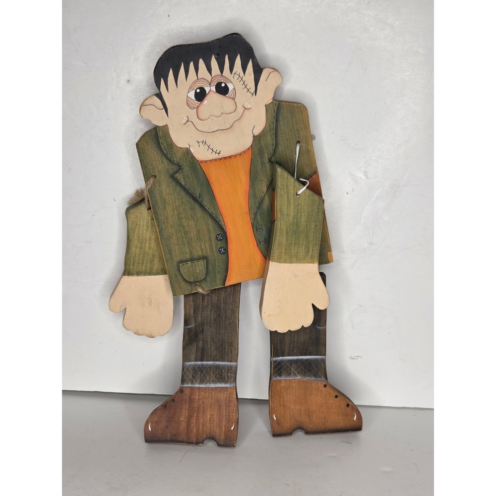 VTG 90s Handmade Wooden Frankenstein Folk Art Wall Hanging Halloween Decor